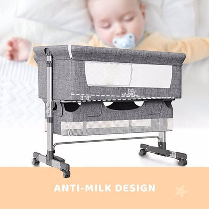 US Local 3-in-1 Bedside Crib With Mosquito Net, Large Storage Bag, Comfortable Mattress With Lockable Wheels, Grey
