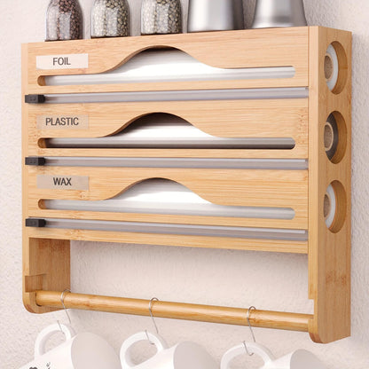 US Local Bamboo Plastic Wrap Cutter With Paper Towel Holder Kitchen Wall-mounted Tinfoil Cutter With Three-grid Cutter And Paper Towel Storage Rack