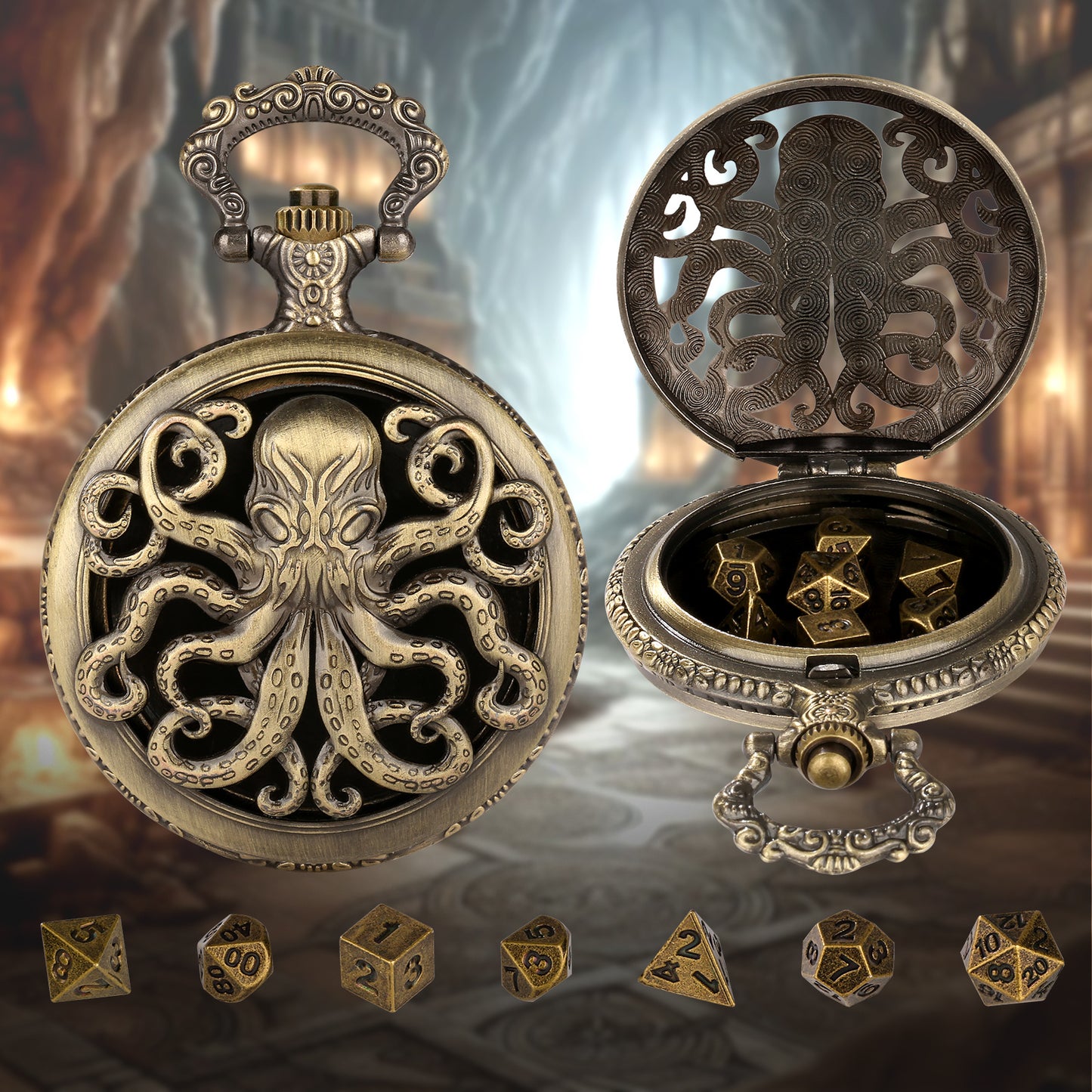 US Local Thick Chain Octopus Symmetrical Pocket Watch Dice Set, Equipped With 7 Mini DND Dice Game Polyhedral Metal Dice, Desktop Role-playing Game Dice Accessories Gift