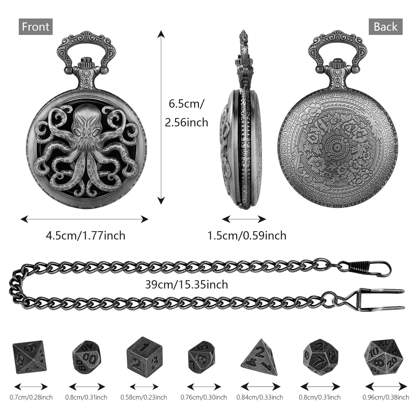 US Local Thick Chain Octopus Symmetrical Pocket Watch Dice Set, Equipped With 7 Mini DND Dice Game Polyhedral Metal Dice, Desktop Role-playing Game Dice Accessories Gift