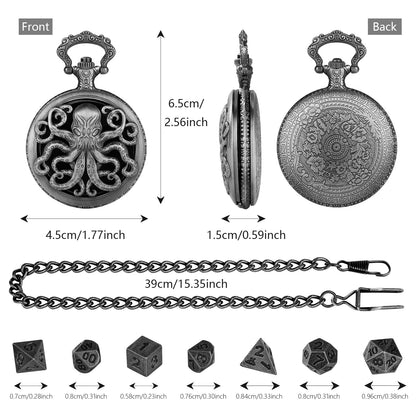 US Local Thick Chain Octopus Symmetrical Pocket Watch Dice Set, Equipped With 7 Mini DND Dice Game Polyhedral Metal Dice, Desktop Role-playing Game Dice Accessories Gift