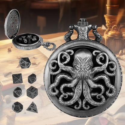 US Local Thick Chain Octopus Symmetrical Pocket Watch Dice Set, Equipped With 7 Mini DND Dice Game Polyhedral Metal Dice, Desktop Role-playing Game Dice Accessories Gift