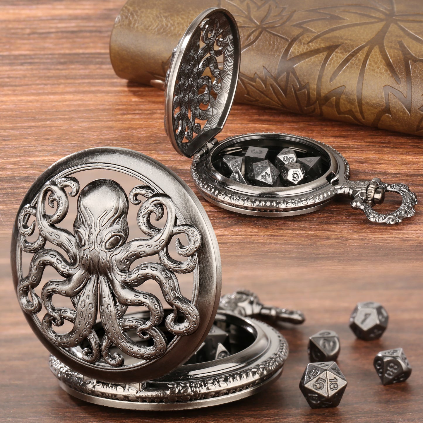 US Local Thick Chain Octopus Symmetrical Pocket Watch Dice Set, Equipped With 7 Mini DND Dice Game Polyhedral Metal Dice, Desktop Role-playing Game Dice Accessories Gift