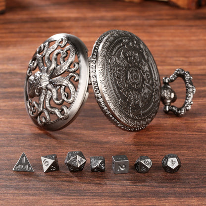 US Local Thick Chain Octopus Symmetrical Pocket Watch Dice Set, Equipped With 7 Mini DND Dice Game Polyhedral Metal Dice, Desktop Role-playing Game Dice Accessories Gift