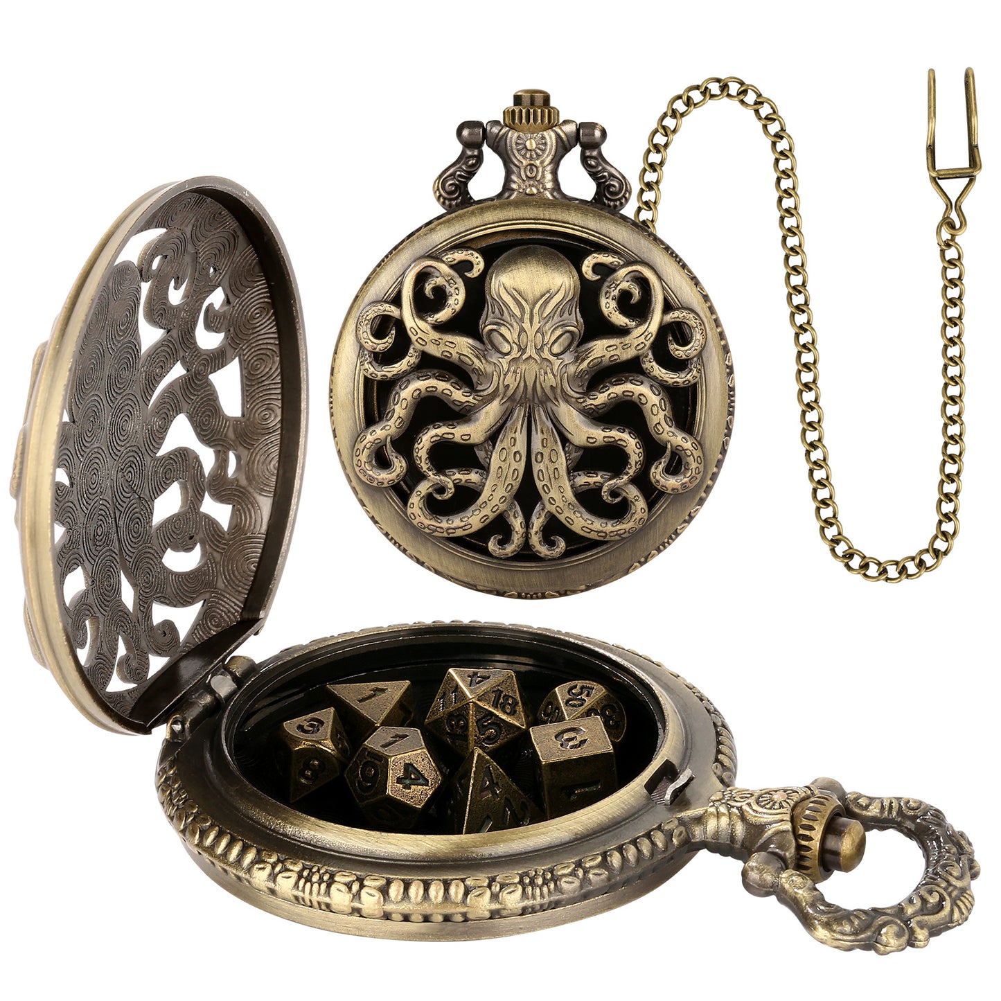 US Local Thick Chain Octopus Symmetrical Pocket Watch Dice Set, Equipped With 7 Mini DND Dice Game Polyhedral Metal Dice, Desktop Role-playing Game Dice Accessories Gift