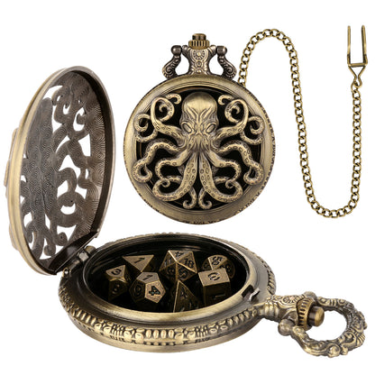 US Local Thick Chain Octopus Symmetrical Pocket Watch Dice Set, Equipped With 7 Mini DND Dice Game Polyhedral Metal Dice, Desktop Role-playing Game Dice Accessories Gift