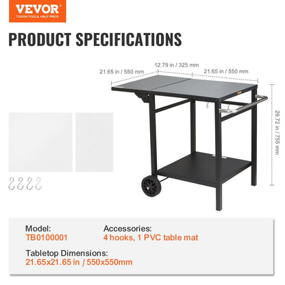 US Local Outdoor Grill Dining Cart With Double-Shelf, BBQ Movable Food Prep Table, Multifunctional Foldable Iron Table Top, Portable Modular Carts For Pizza Oven, Worktable With 2 Wheels, Carry Handle