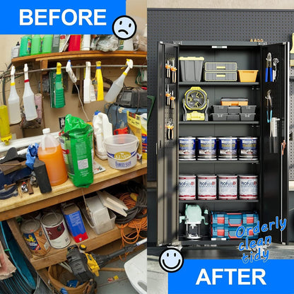 US Local Garage Storage Cabinet With Wheels & Pegboard, H Locking Metal Storage Cabinet With Doors And 4 Adjustable Shelves For Garage Workshop Home, Assembly Required, Black