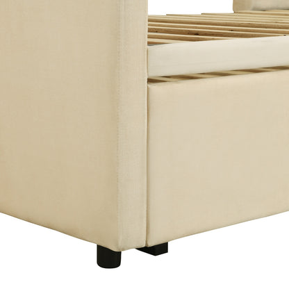 US Local Twin Size Upholstered Daybed With Up Trundle, Beige