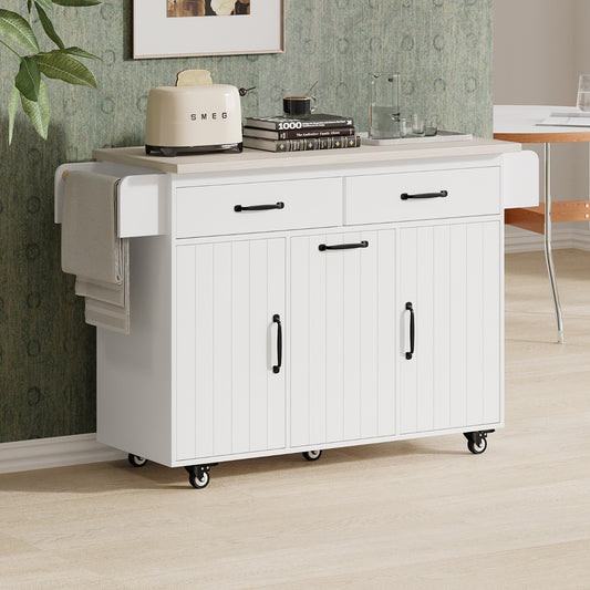US Local K K Kitchen Island With Trash Can Storage Cabinet, Kitchen Cart With Drop Leaf, Spice Rack, Towel Ra