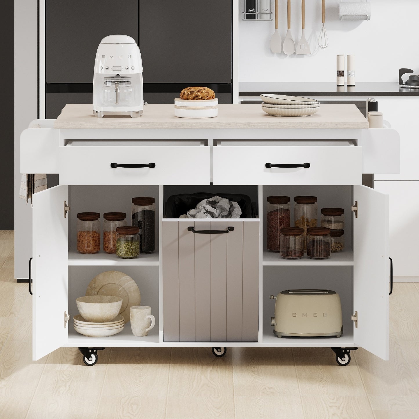 US Local K K Kitchen Island With Trash Can Storage Cabinet, Kitchen Cart With Drop Leaf, Spice Rack, Towel Ra
