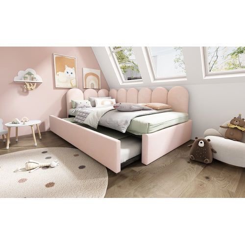 UK Local Upholstered Bed Daybed With Pull-Out Bed, 3FT Single Sofa Bed 90X190Cm,Guest Beds For Adults And Children, Bed With Metal Slatted Frame, Velvet, Pink No Mattress