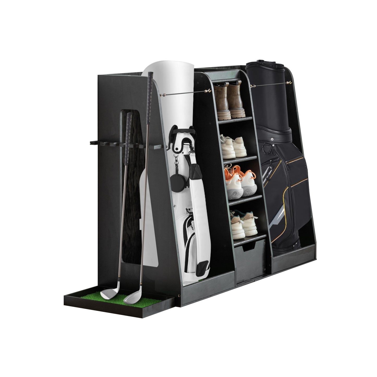 US Local 55.5 L X 16 W X 37 H In Wooden Golf Bag Organizer And Storage Rack,High Quality Wooden 2 Golf Bag Rack With Drawers,Easy To Assemble Golf Club Holder Stand With Club Holders On Side,Black