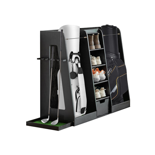 US Local 55.5 L X 16 W X 37 H In Wooden Golf Bag Organizer And Storage Rack,High Quality Wooden 2 Golf Bag Rack With Drawers,Easy To Assemble Golf Club Holder Stand With Club Holders On Side,Black