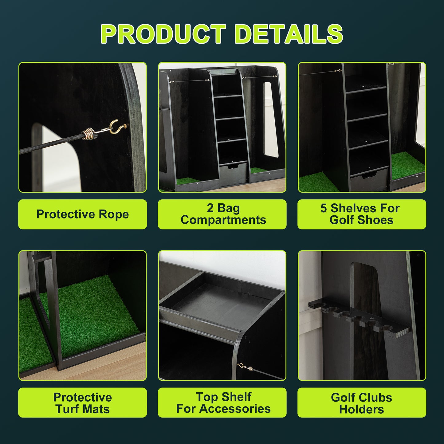 US Local 55.5 L X 16 W X 37 H In Wooden Golf Bag Organizer And Storage Rack,High Quality Wooden 2 Golf Bag Rack With Drawers,Easy To Assemble Golf Club Holder Stand With Club Holders On Side,Black