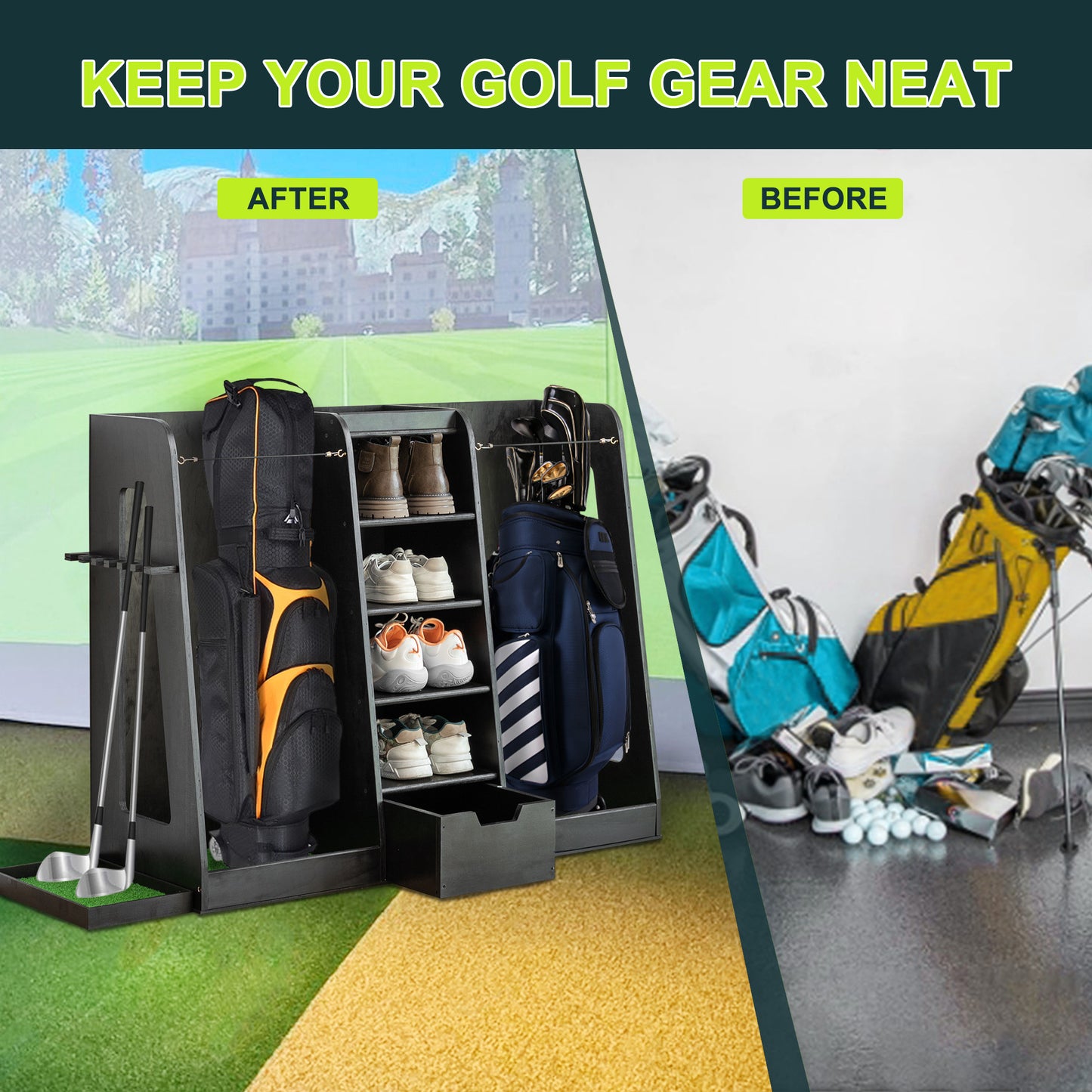 US Local 55.5 L X 16 W X 37 H In Wooden Golf Bag Organizer And Storage Rack,High Quality Wooden 2 Golf Bag Rack With Drawers,Easy To Assemble Golf Club Holder Stand With Club Holders On Side,Black