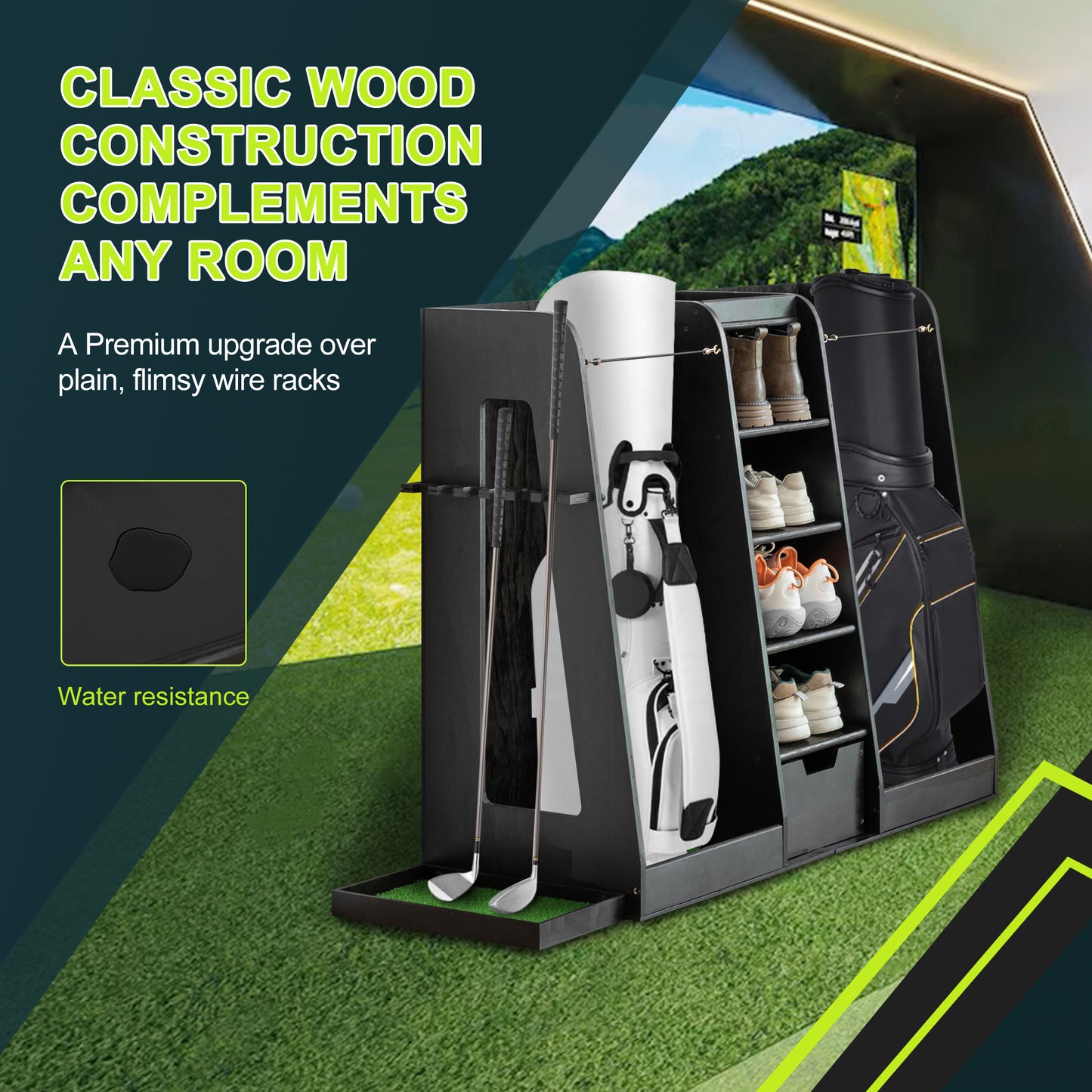 US Local 55.5 L X 16 W X 37 H In Wooden Golf Bag Organizer And Storage Rack,High Quality Wooden 2 Golf Bag Rack With Drawers,Easy To Assemble Golf Club Holder Stand With Club Holders On Side,Black