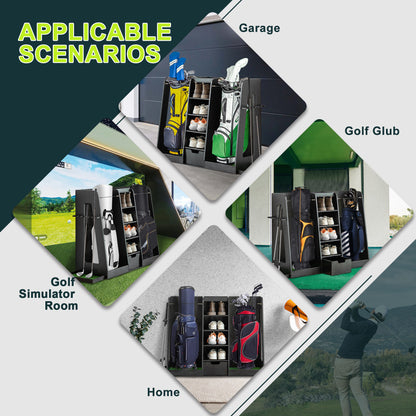 US Local 55.5 L X 16 W X 37 H In Wooden Golf Bag Organizer And Storage Rack,High Quality Wooden 2 Golf Bag Rack With Drawers,Easy To Assemble Golf Club Holder Stand With Club Holders On Side,Black