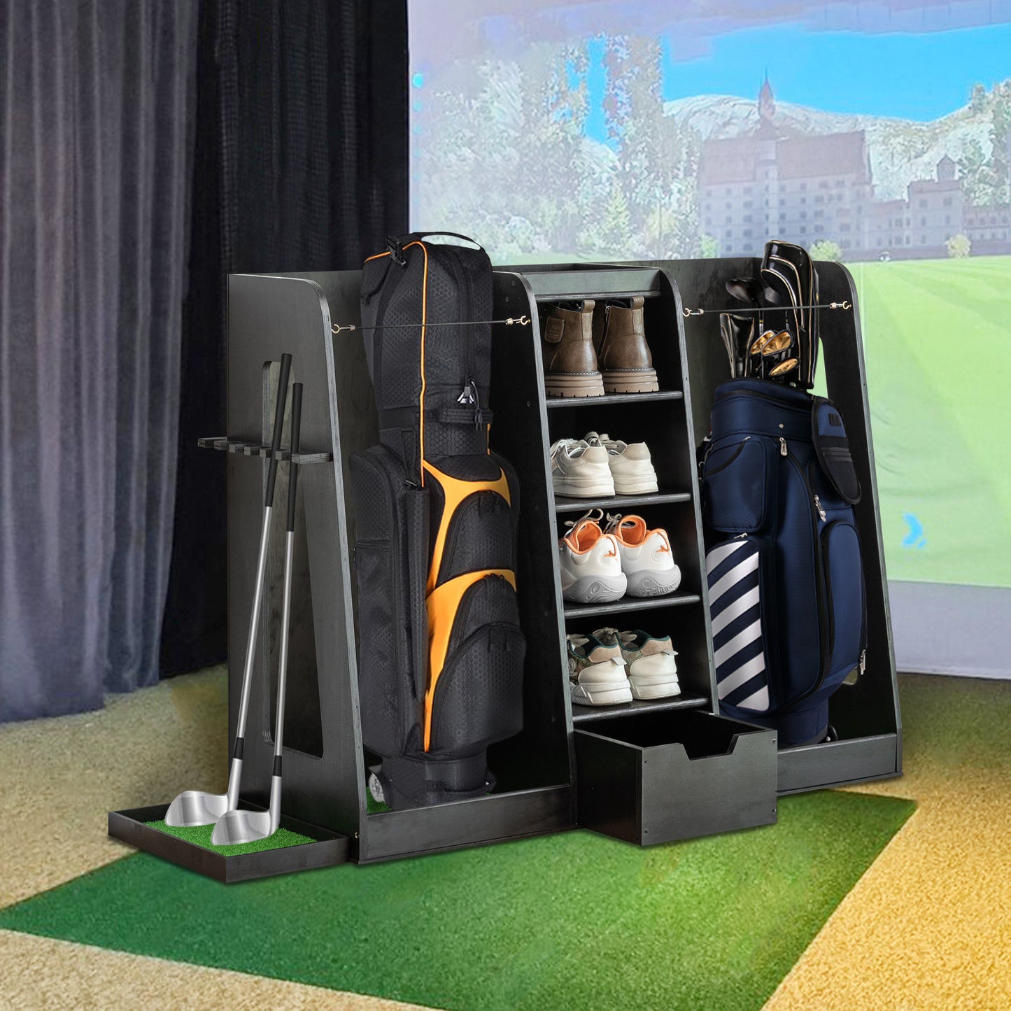 US Local 55.5 L X 16 W X 37 H In Wooden Golf Bag Organizer And Storage Rack,High Quality Wooden 2 Golf Bag Rack With Drawers,Easy To Assemble Golf Club Holder Stand With Club Holders On Side,Black