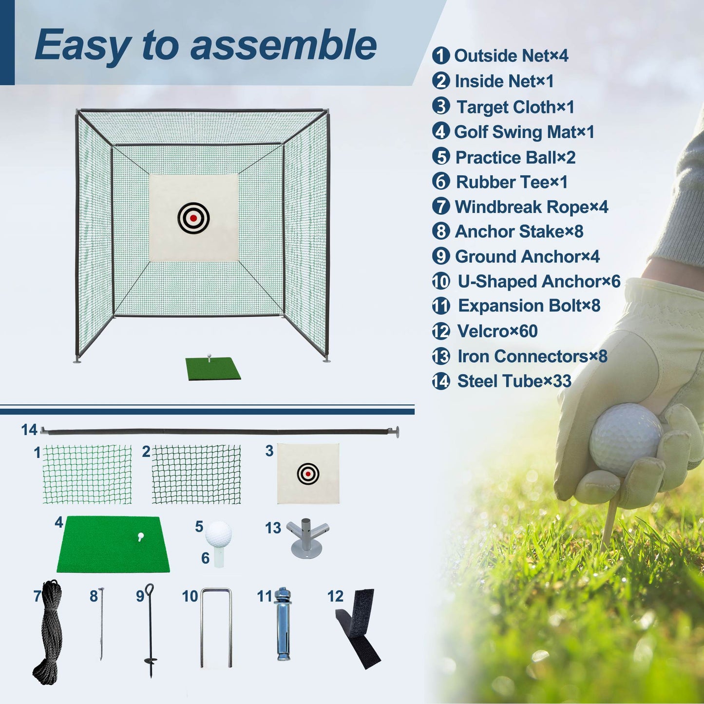 US Local 10X10X10FT Golf Practice Net Cage With Metal Frame Hitting Net Kit Indoor Outdoor