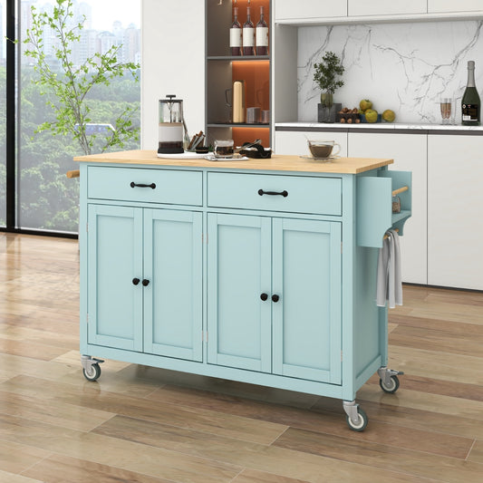 US Local Kitchen Island Cart 4-Door Cabinet, 2 Drawers, 2 Locking Wheels, Solid Wood Top