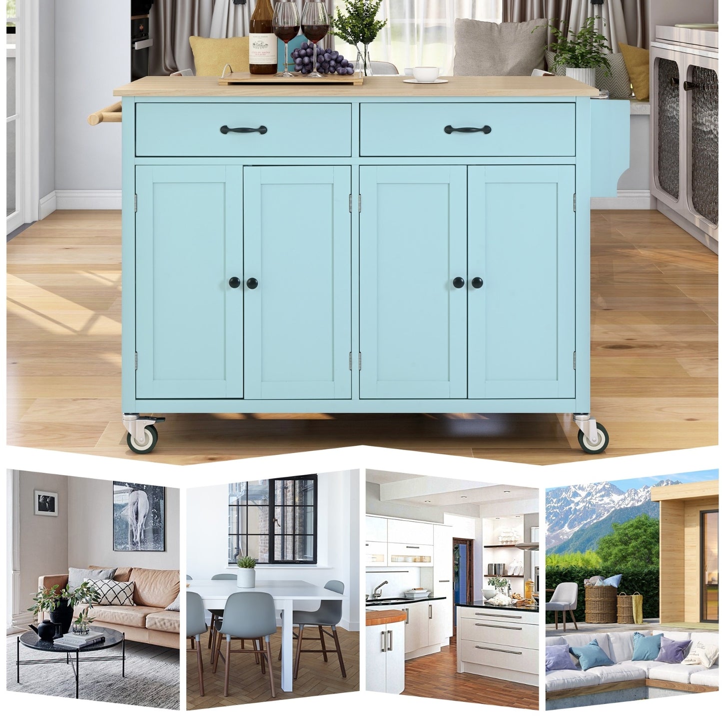 US Local Kitchen Island Cart 4-Door Cabinet, 2 Drawers, 2 Locking Wheels, Solid Wood Top