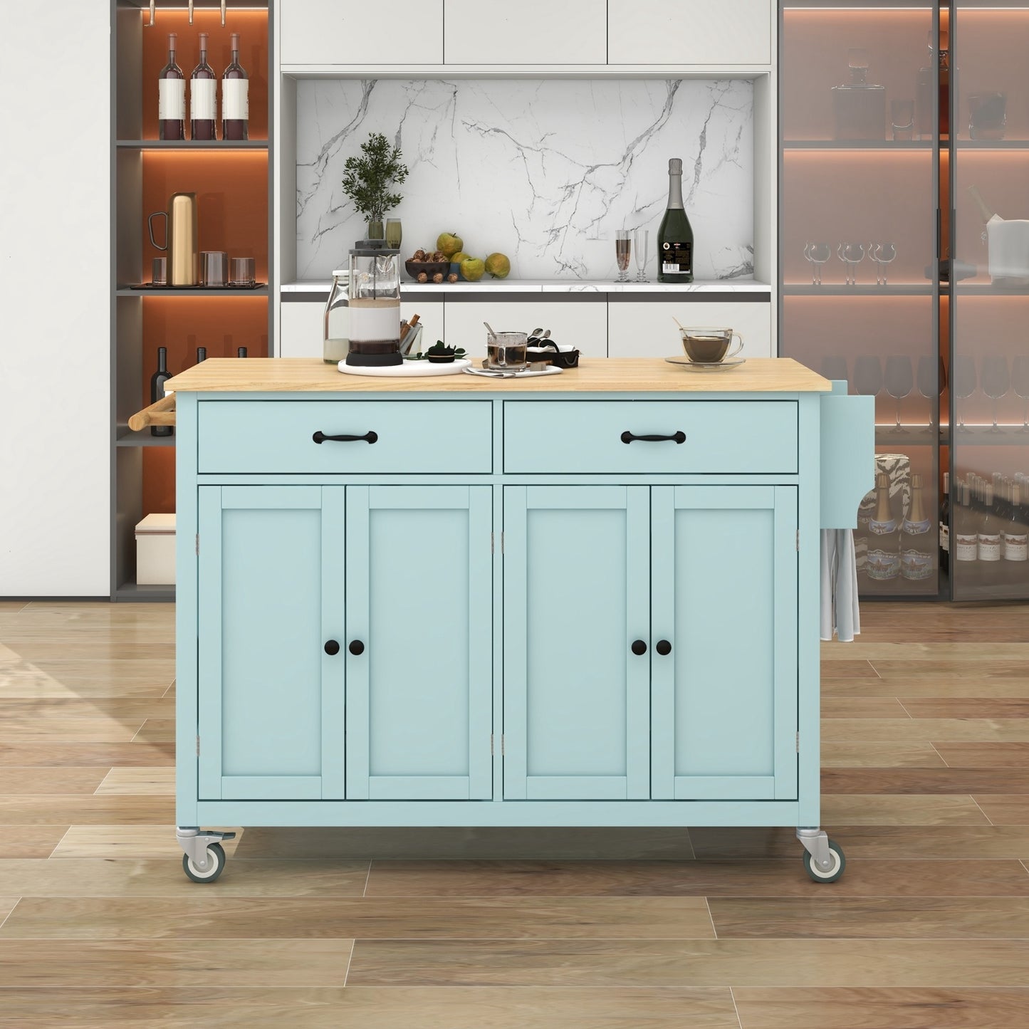 US Local Kitchen Island Cart 4-Door Cabinet, 2 Drawers, 2 Locking Wheels, Solid Wood Top