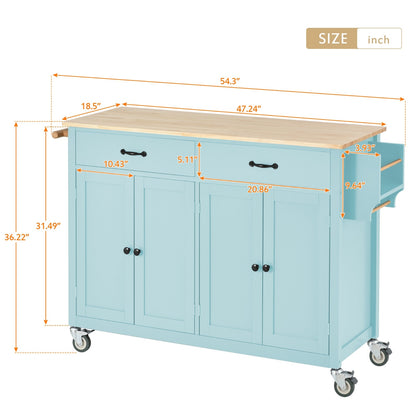US Local Kitchen Island Cart 4-Door Cabinet, 2 Drawers, 2 Locking Wheels, Solid Wood Top