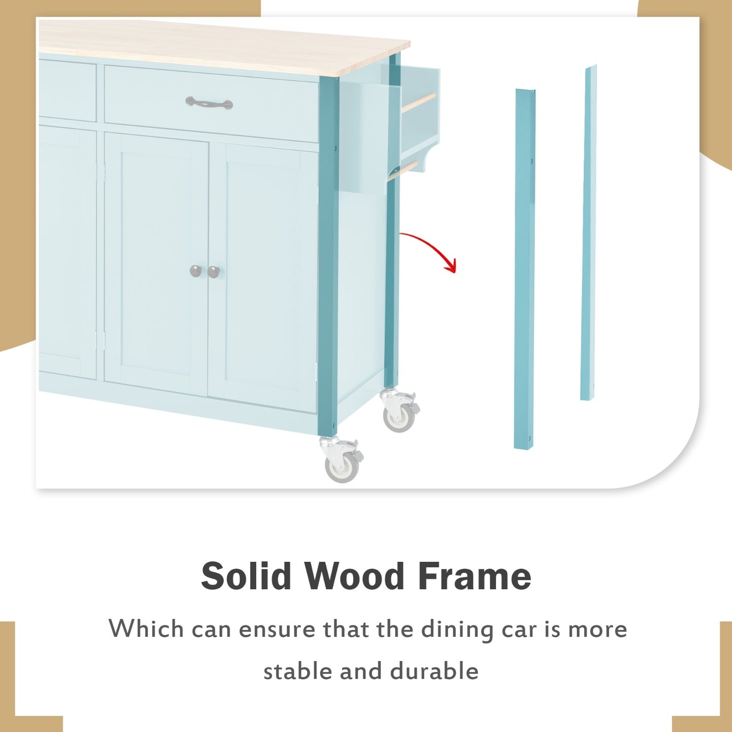 US Local Kitchen Island Cart 4-Door Cabinet, 2 Drawers, 2 Locking Wheels, Solid Wood Top