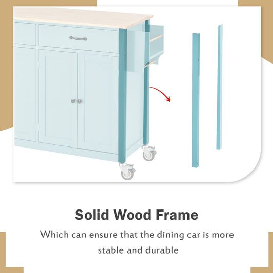 US Local Kitchen Island Cart 4-Door Cabinet, 2 Drawers, 2 Locking Wheels, Solid Wood Top