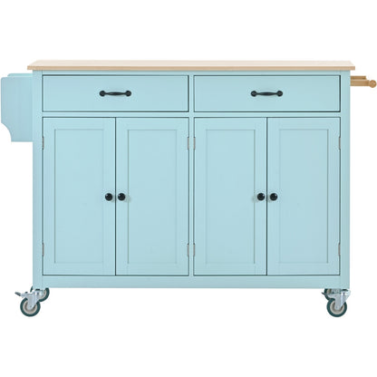 US Local Kitchen Island Cart 4-Door Cabinet, 2 Drawers, 2 Locking Wheels, Solid Wood Top