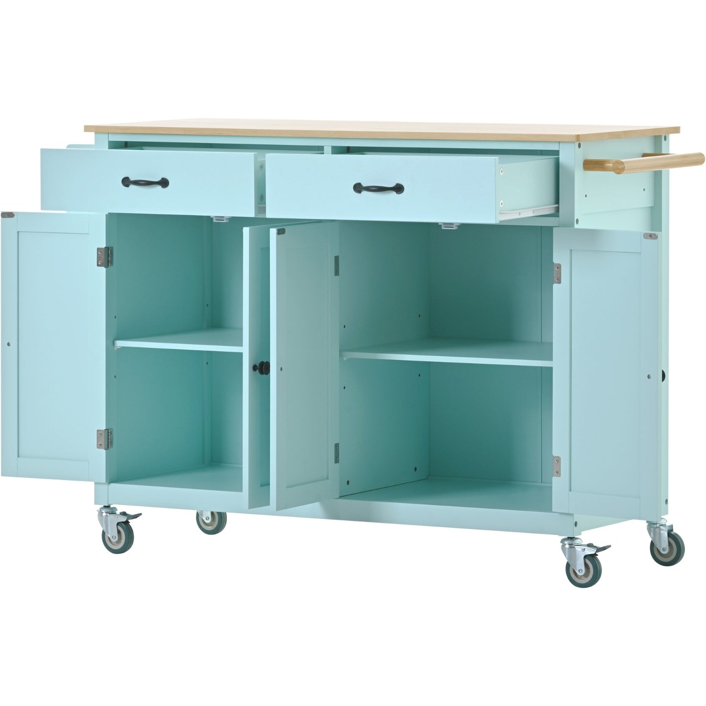 US Local Kitchen Island Cart 4-Door Cabinet, 2 Drawers, 2 Locking Wheels, Solid Wood Top