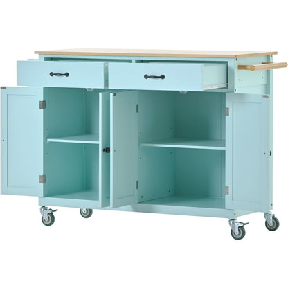 US Local Kitchen Island Cart 4-Door Cabinet, 2 Drawers, 2 Locking Wheels, Solid Wood Top