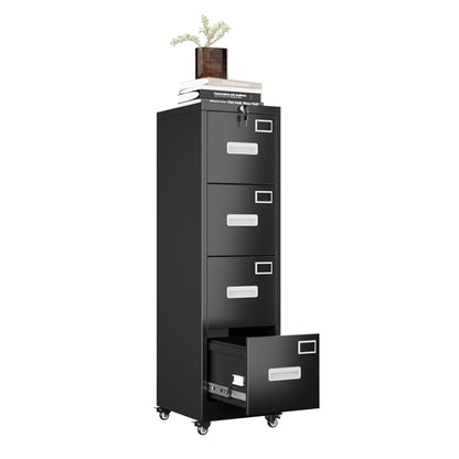 US Local 4 Drawer Vertical File Cabinet On Wheels, Lockable Office Files Storage Cabinet With Handle And Name Card,Mobile Storage Cabinet For Office And Home,Assembly Required,Black