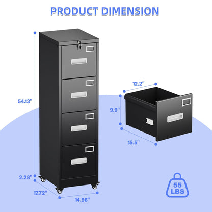 US Local 4 Drawer Vertical File Cabinet On Wheels, Lockable Office Files Storage Cabinet With Handle And Name Card,Mobile Storage Cabinet For Office And Home,Assembly Required,Black