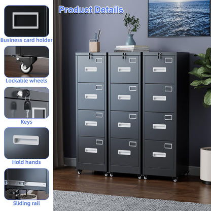 US Local 4 Drawer Vertical File Cabinet On Wheels, Lockable Office Files Storage Cabinet With Handle And Name Card,Mobile Storage Cabinet For Office And Home,Assembly Required,Black