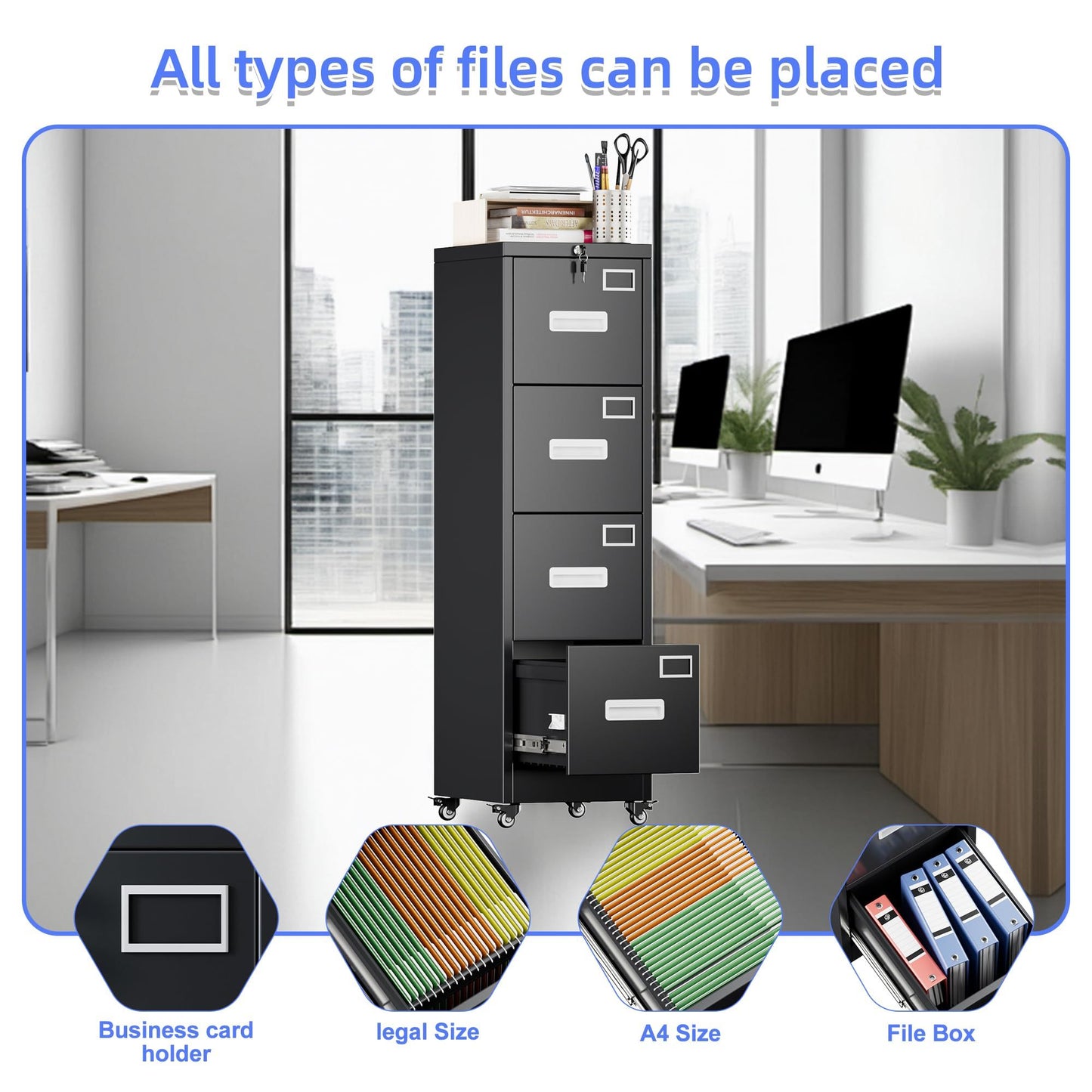 US Local 4 Drawer Vertical File Cabinet On Wheels, Lockable Office Files Storage Cabinet With Handle And Name Card,Mobile Storage Cabinet For Office And Home,Assembly Required,Black