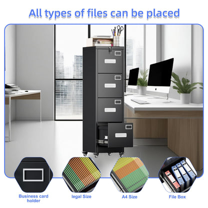 US Local 4 Drawer Vertical File Cabinet On Wheels, Lockable Office Files Storage Cabinet With Handle And Name Card,Mobile Storage Cabinet For Office And Home,Assembly Required,Black