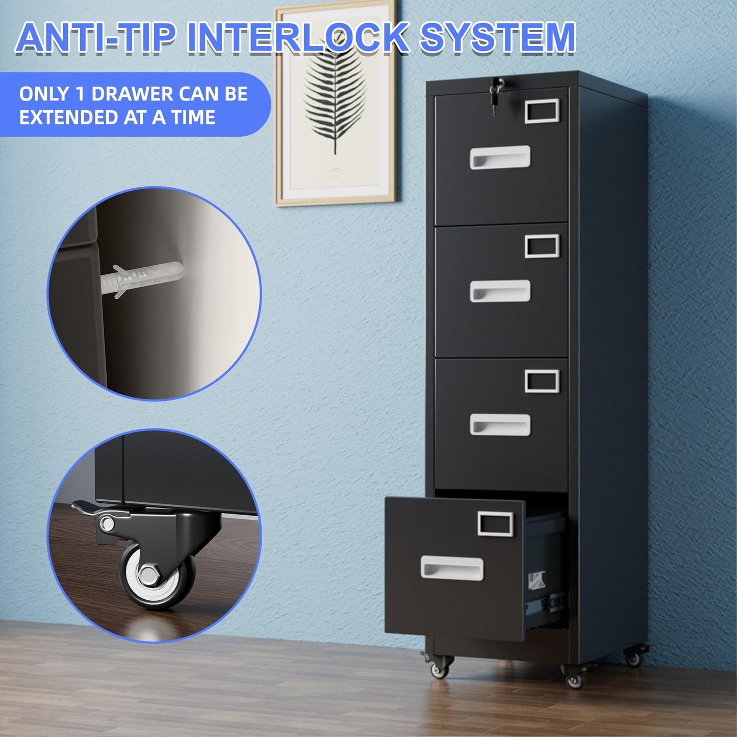 US Local 4 Drawer Vertical File Cabinet On Wheels, Lockable Office Files Storage Cabinet With Handle And Name Card,Mobile Storage Cabinet For Office And Home,Assembly Required,Black