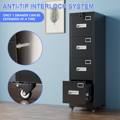 US Local 4 Drawer Vertical File Cabinet On Wheels, Lockable Office Files Storage Cabinet With Handle And Name Card,Mobile Storage Cabinet For Office And Home,Assembly Required,Black