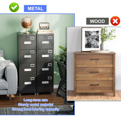 US Local 4 Drawer Vertical File Cabinet On Wheels, Lockable Office Files Storage Cabinet With Handle And Name Card,Mobile Storage Cabinet For Office And Home,Assembly Required,Black