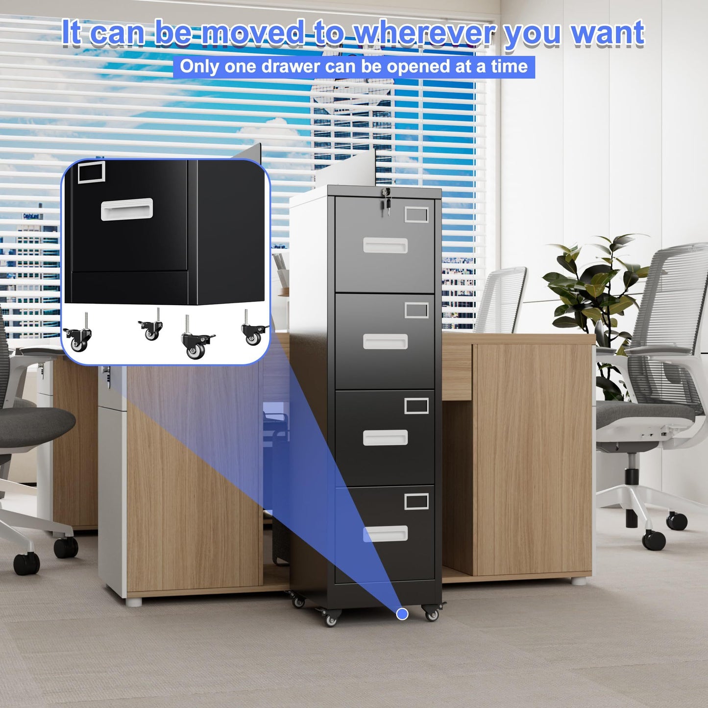 US Local 4 Drawer Vertical File Cabinet On Wheels, Lockable Office Files Storage Cabinet With Handle And Name Card,Mobile Storage Cabinet For Office And Home,Assembly Required,Black