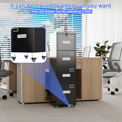 US Local 4 Drawer Vertical File Cabinet On Wheels, Lockable Office Files Storage Cabinet With Handle And Name Card,Mobile Storage Cabinet For Office And Home,Assembly Required,Black