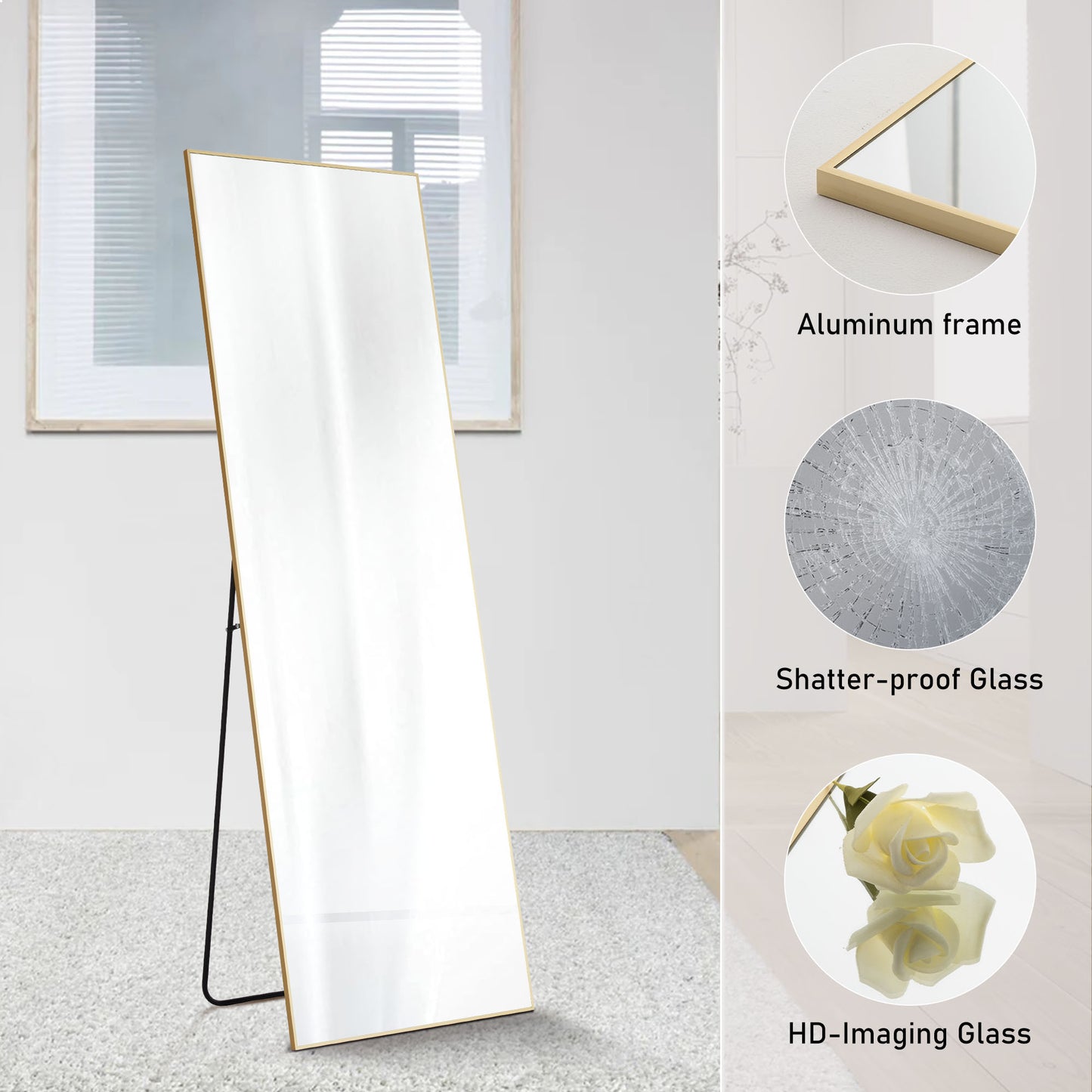 US Local Floor Standing Mirror, Wall Mirror With Stand Aluminum Alloy Thin Frame