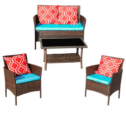 US Local Four-Piece Sofa Set Table With Sofa Chair PE Rattan Outdoor Furniture W3152P269436 Box1 With Sapphire Blue Color Cushion