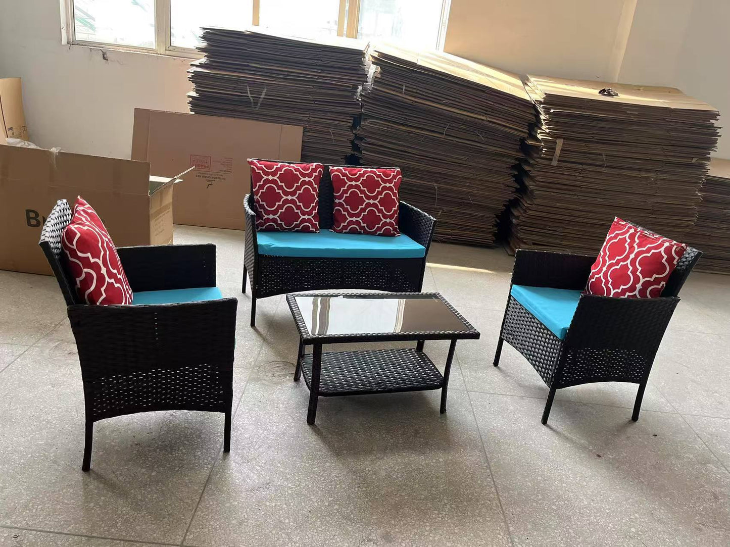 US Local Four-Piece Sofa Set Table With Sofa Chair PE Rattan Outdoor Furniture W3152P269436 Box1 With Sapphire Blue Color Cushion