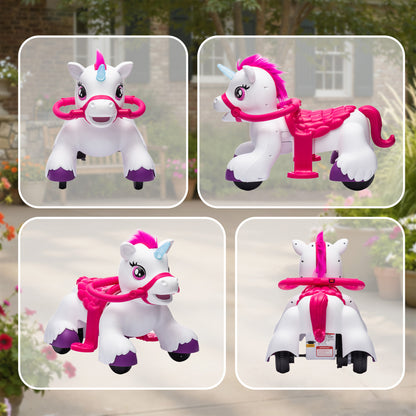 US Local 12V Unicorn Ride on Horse with Carrot Toy, Comb, Animal Sounds, for Girls Boys Aged 1.5-3 Years Old