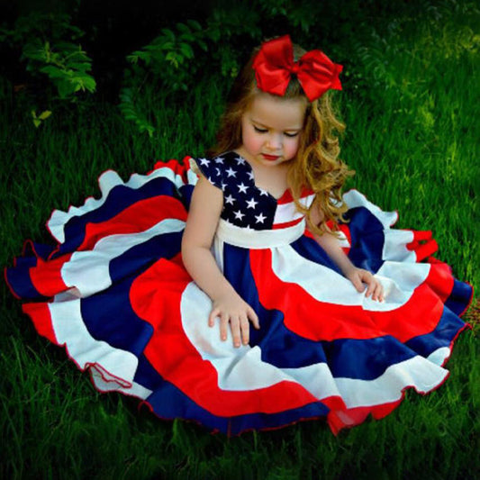 US Local Toddler Girls' Independence Day Dress Red White & Blue Stripes And Stars Short Sleeve Twirl Dress 4th Of July