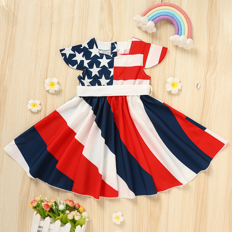 US Local Toddler Girls' Independence Day Dress Red White & Blue Stripes And Stars Short Sleeve Twirl Dress 4th Of July