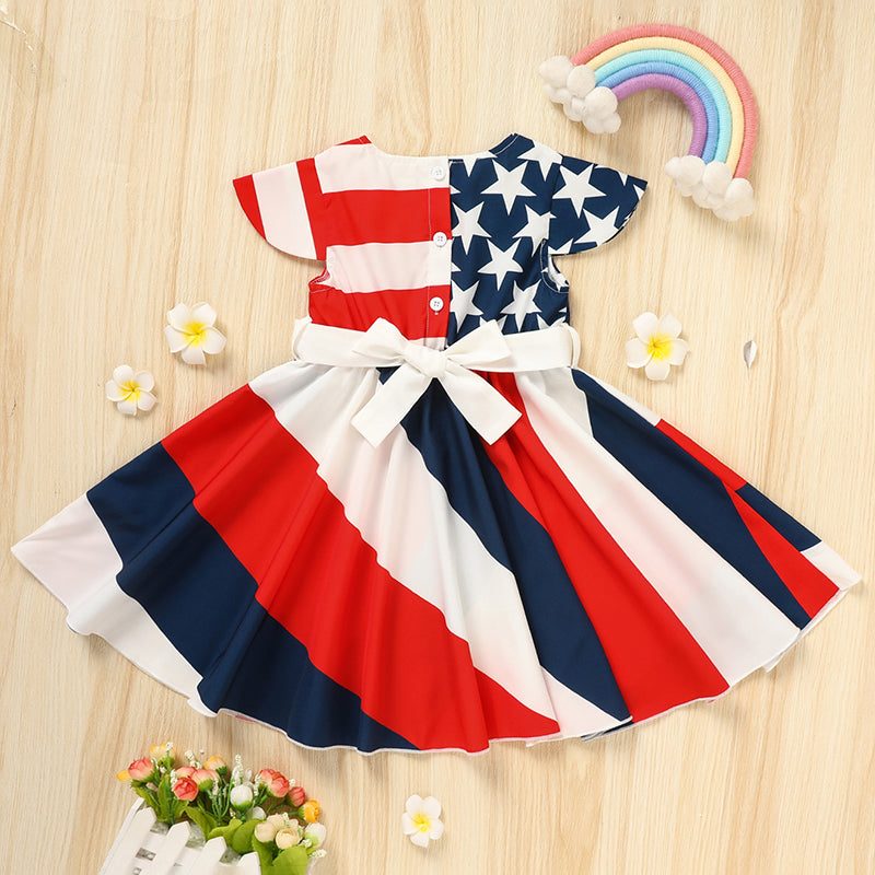 US Local Toddler Girls' Independence Day Dress Red White & Blue Stripes And Stars Short Sleeve Twirl Dress 4th Of July